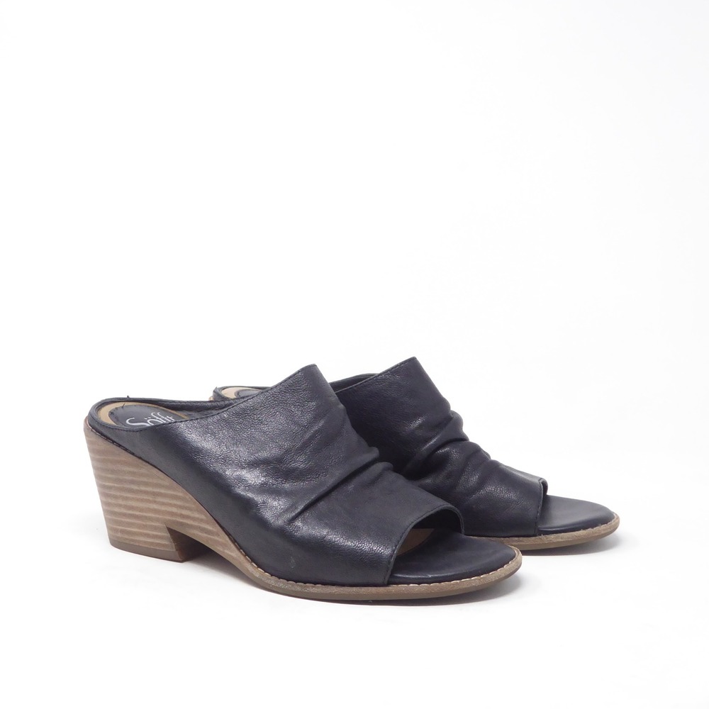 Sofft Strathmore Women Sandals Black Leather Ruched Open Toe Wedge Mules 8.5